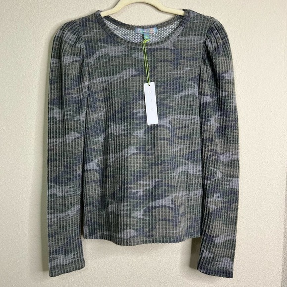 Good Luck Gem Camo Waffle Knit Long Sleeve‎ Top Puff Shoulder - Picture 1 of 9